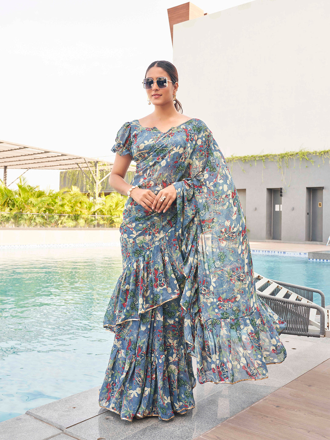Tikhi Imli Floral printed ruffled saree | Swadesiicart
