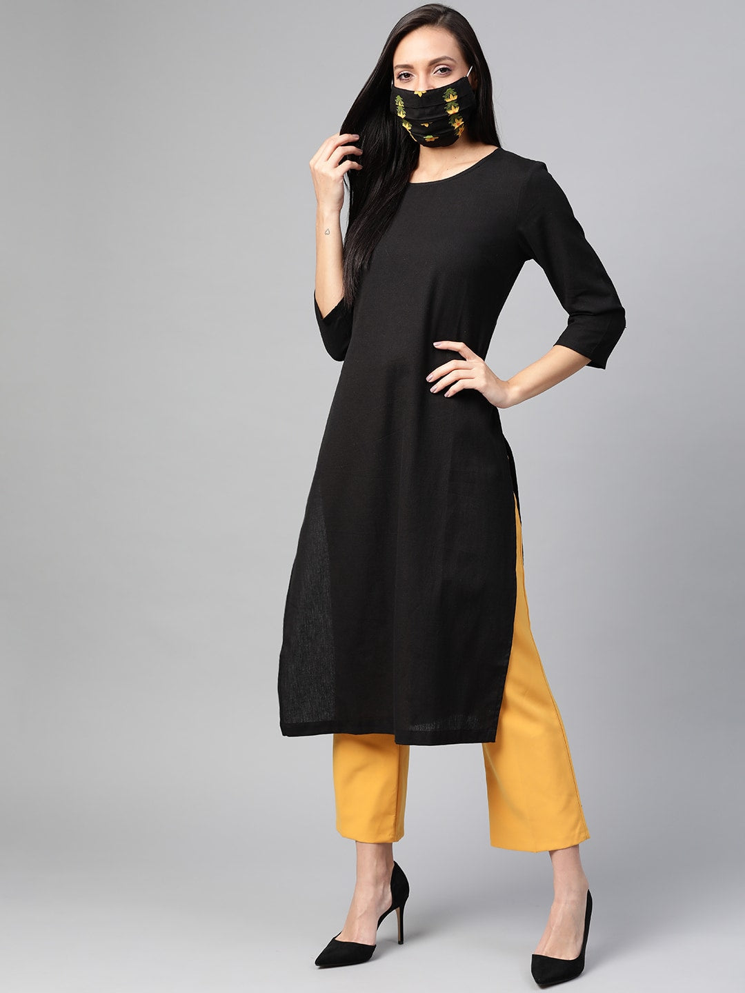 HERE&NOW Women Black Solid Straight Kurta - Swadesiicart