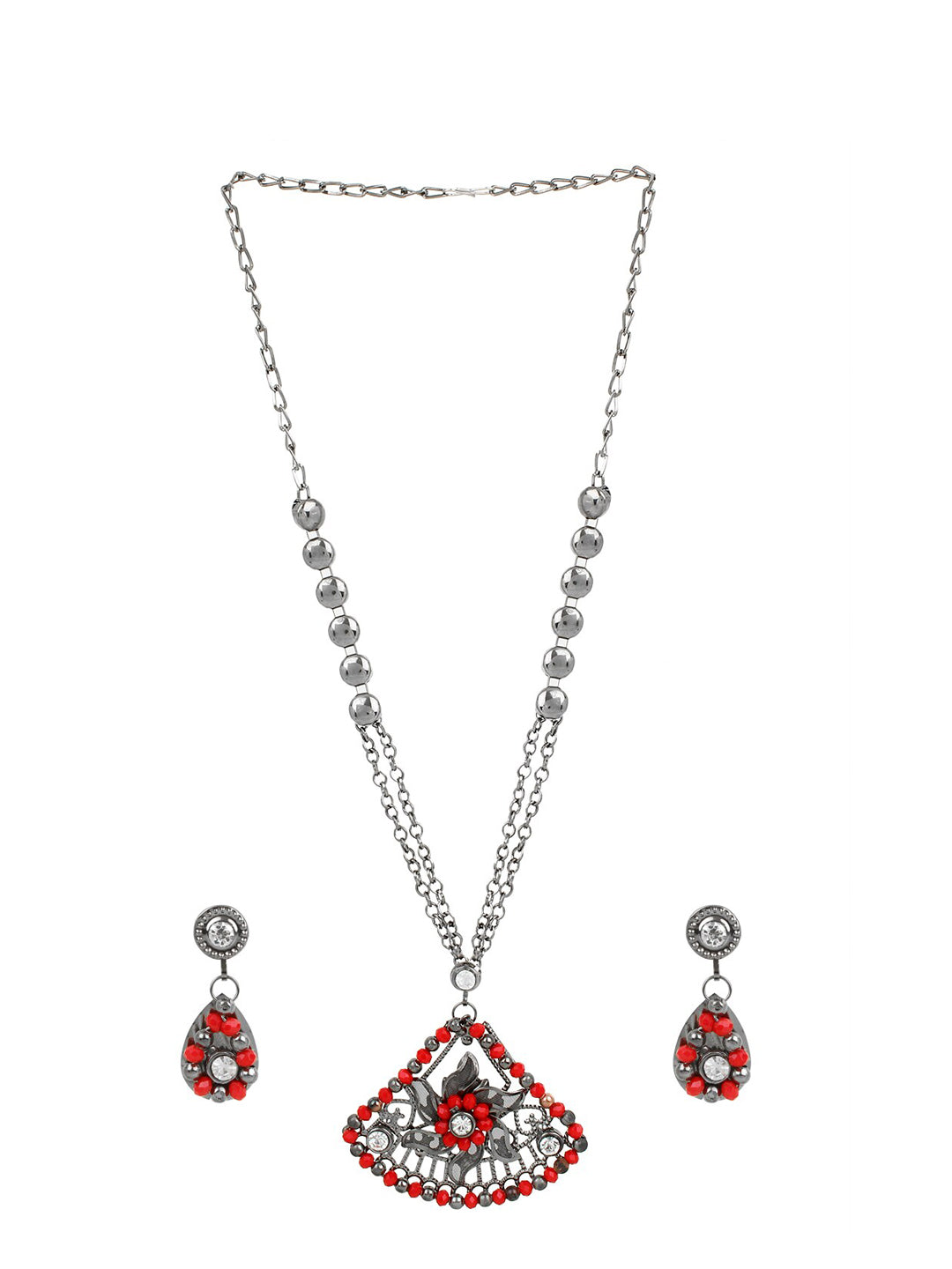 Cardinal Women Oxidised Silver-Plated Red Stone Studded & Beaded Jewellery Set - Swadesiicart