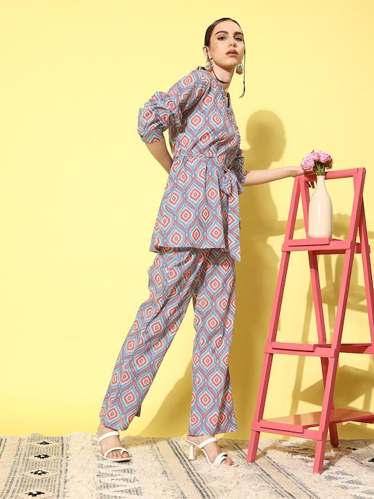 InWeave Women's Blue Pink Ogee Print Belted Coord Set - Swadesiicart