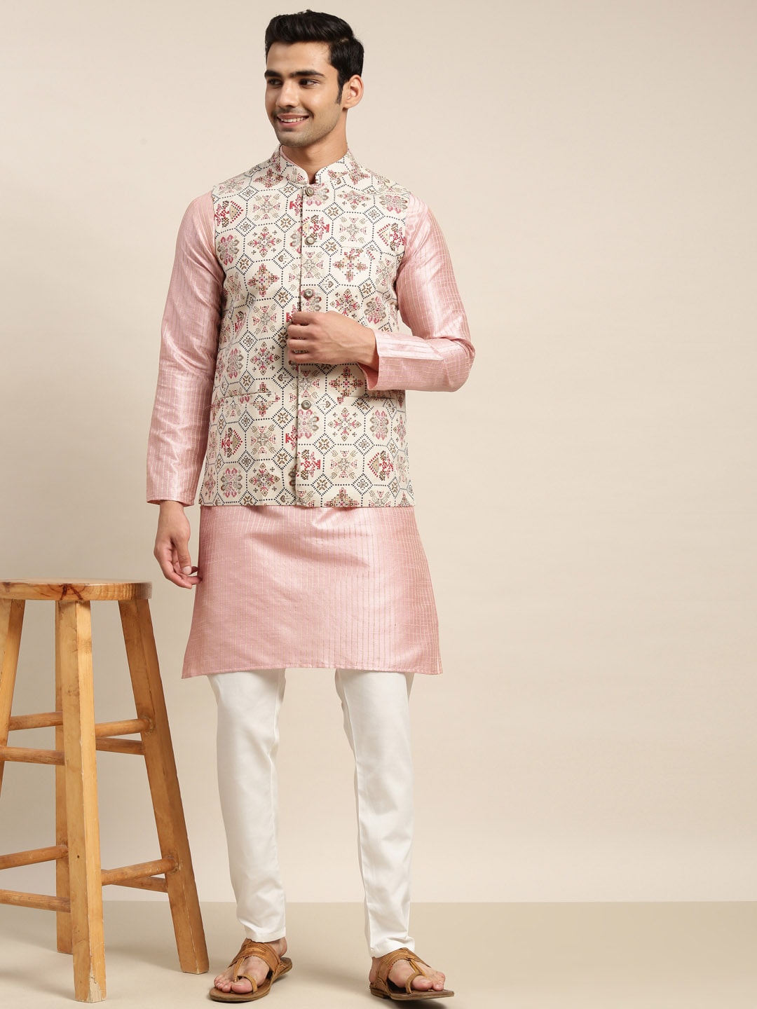 Sojanya Men Pink Solid Kurta & Churidar Comes With a Nehru Jacket | Swadesiicart