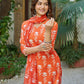 The52 Orange Women's Beautiful Cotton Blend Fabric Printed Work Straight Kurta, Pant and Dupatta Set - Swadesiicart