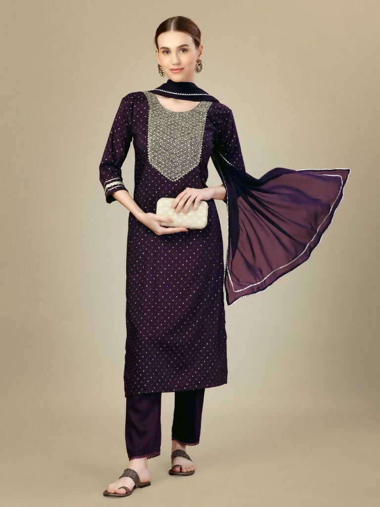 Jyoti Fashion Women's Purple Silk Blend Embroidery & Sequence work Kurta with Trouser & Dupatta | Swadesiicart