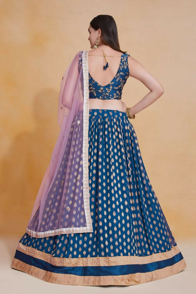 Teal Blue Zari Weaving Work Georgette Banarasi Lehenga Choli - Jihu Culture | Swadesiicart