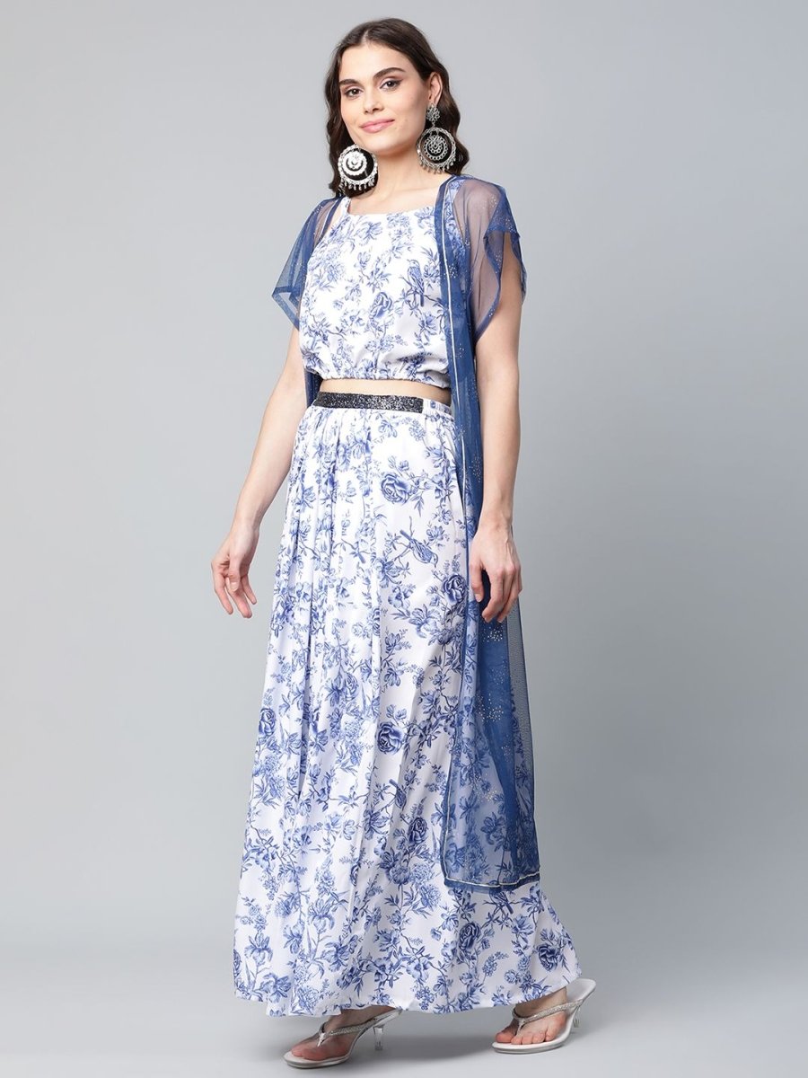 Ahalyaa Women Blue Crepe Printed Top with Skirt with Net Overlay | Swadesiicart