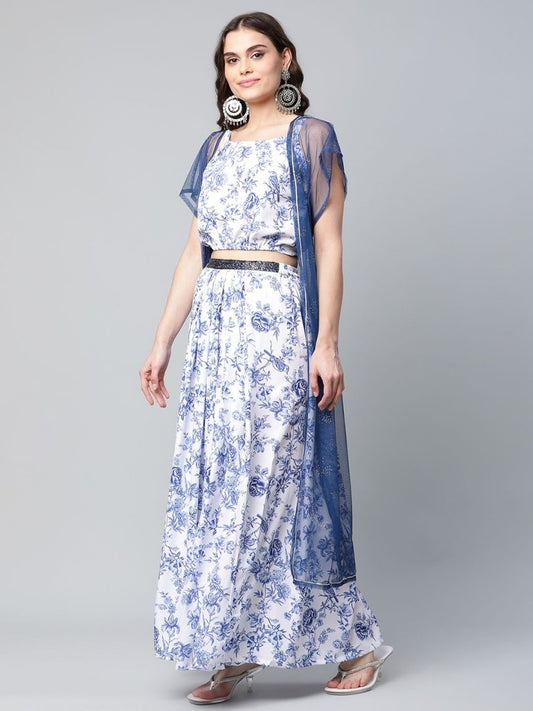 Ahalyaa Women Blue Crepe Printed Top with Skirt with Net Overlay | Swadesiicart
