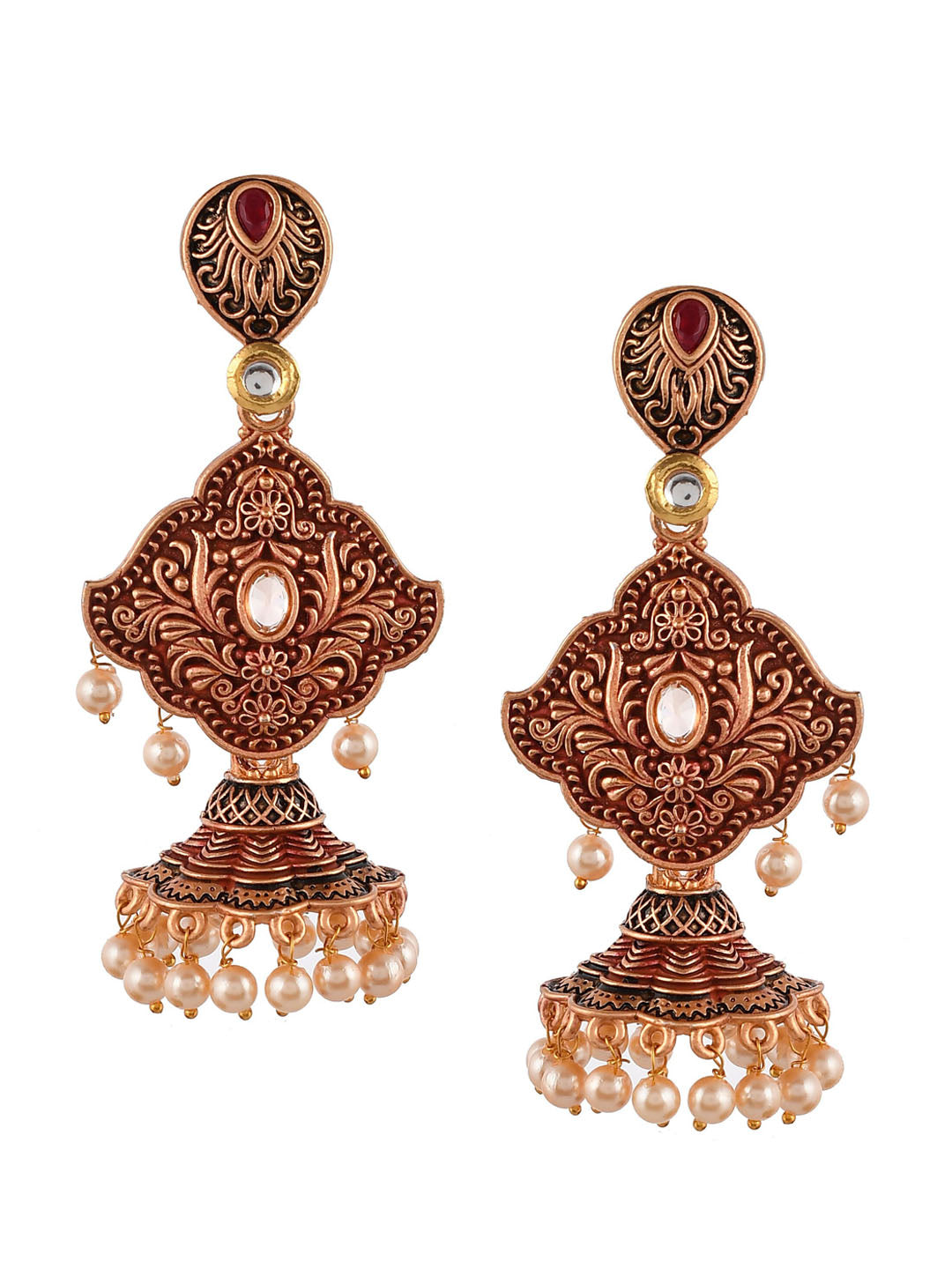 Shoshaa Maroon & Gold-Toned Contemporary Jhumkas Earrings - Swadesiicart