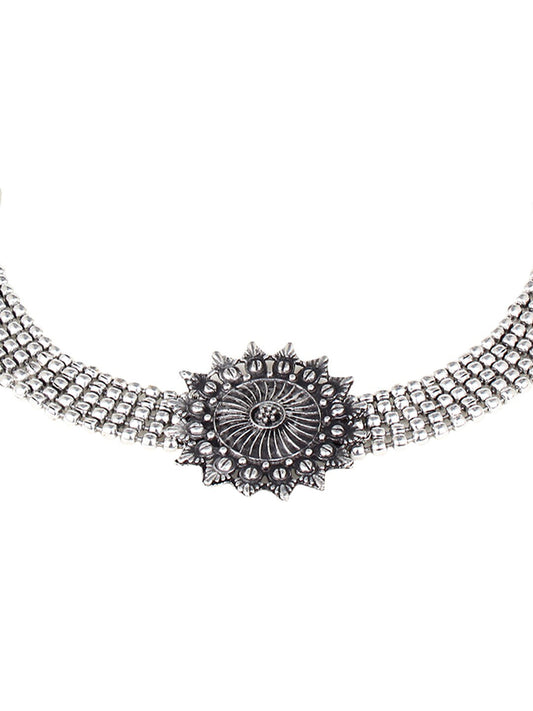 Cardinal Silver-Toned Black Oxidized Choker Necklace Set - Swadesiicart