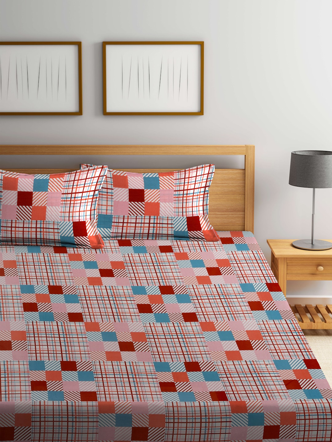 BOMBAY DYEING Marigold Pink Geometric Cotton 104 TC King Bedsheet & 2 Pillow Covers - Swadesiicart