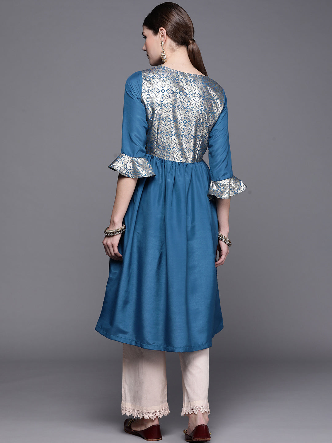 Biba Women Teal Blue & Golden Ethnic Motifs Yoke Design A-Line Kurta - Swadesiicart
