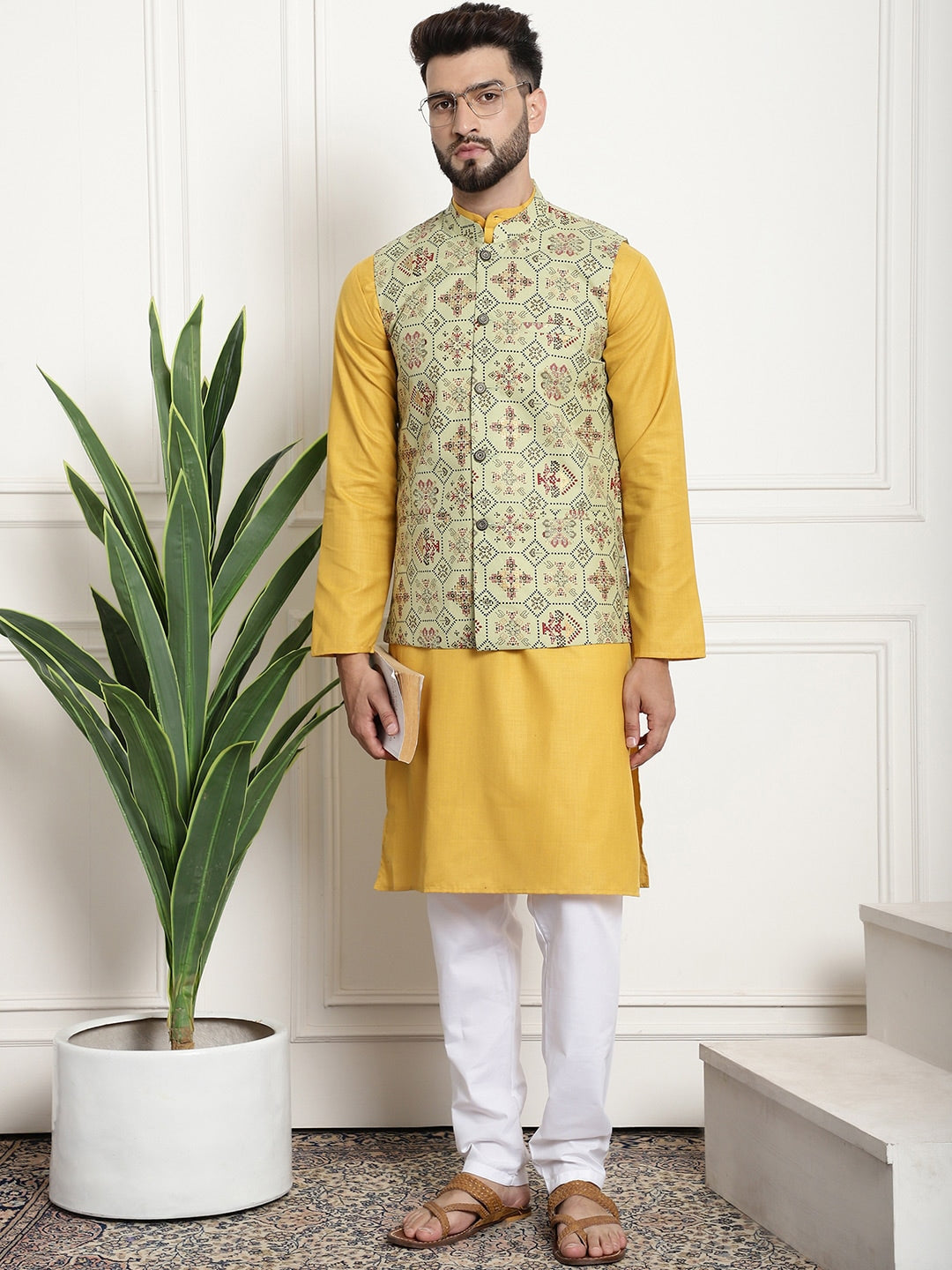 Sojanya Men Mustard Yellow Pure Cotton Kurta with Churidar & Nehru Jacket | Swadesiicart