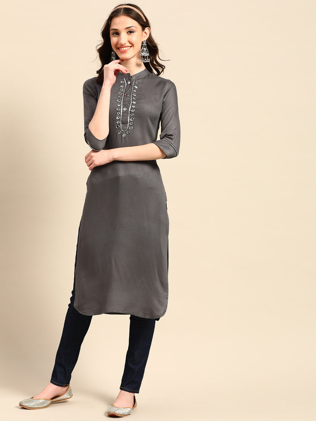 Sangria Yoke Design Mirror Work Kurta - Swadesiicart