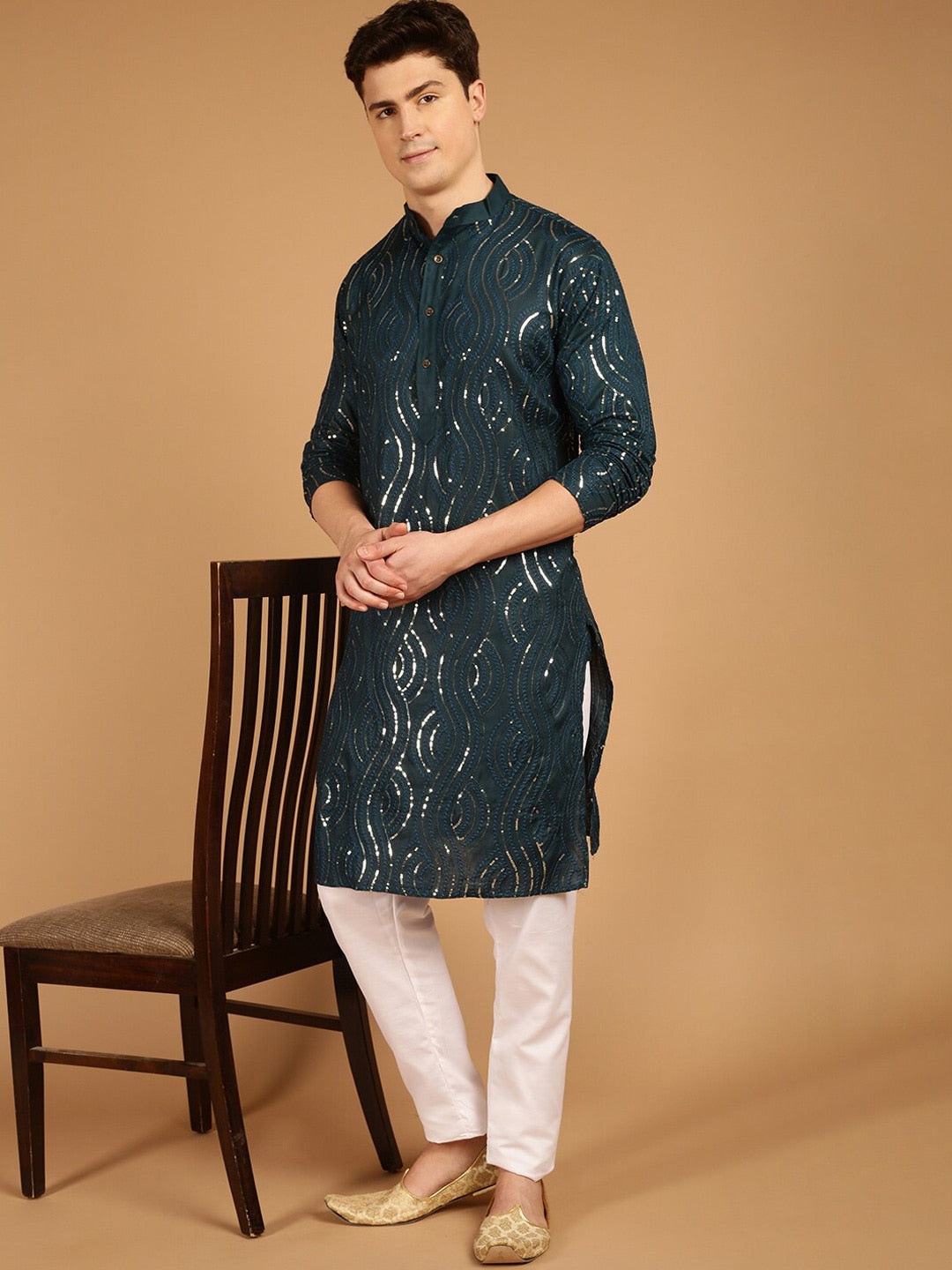 Sojanya Ethnic Motif Embroidered Band Collar Sequinned Pure Cotton Kurta | Swadesiicart