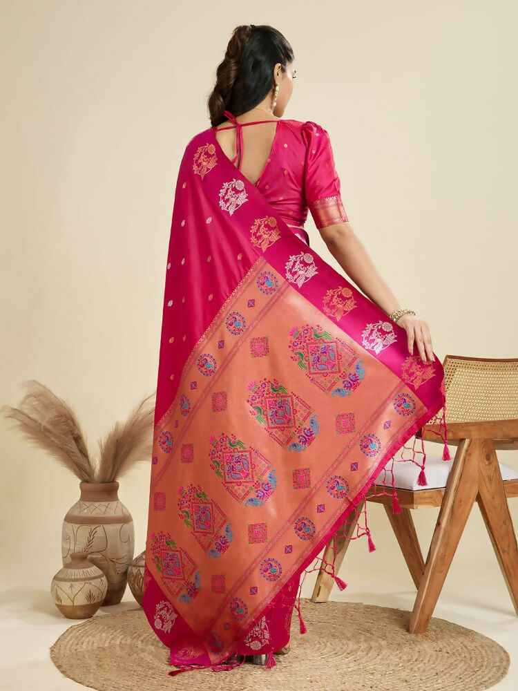 Vishnu Weaves Women's Magenta Banarasi Silk Zari Woven Saree with Blouse - Swadesiicart