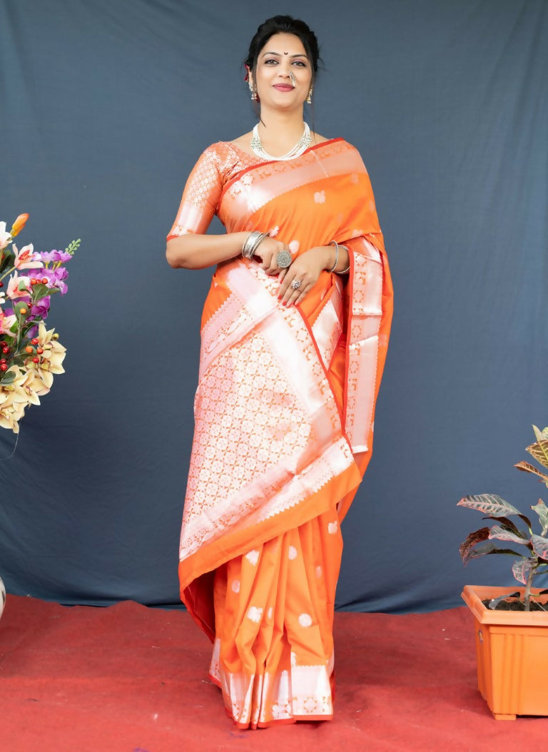Jyoti Fashion Women's Orange Soft Banarasi Silk Zari Woven Saree with Blouse | Swadesiicart