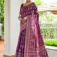 Vishnu Weaves Women's Wine Handloom Raw Silk Thread Weaving Saree with Blouse - Swadesiicart