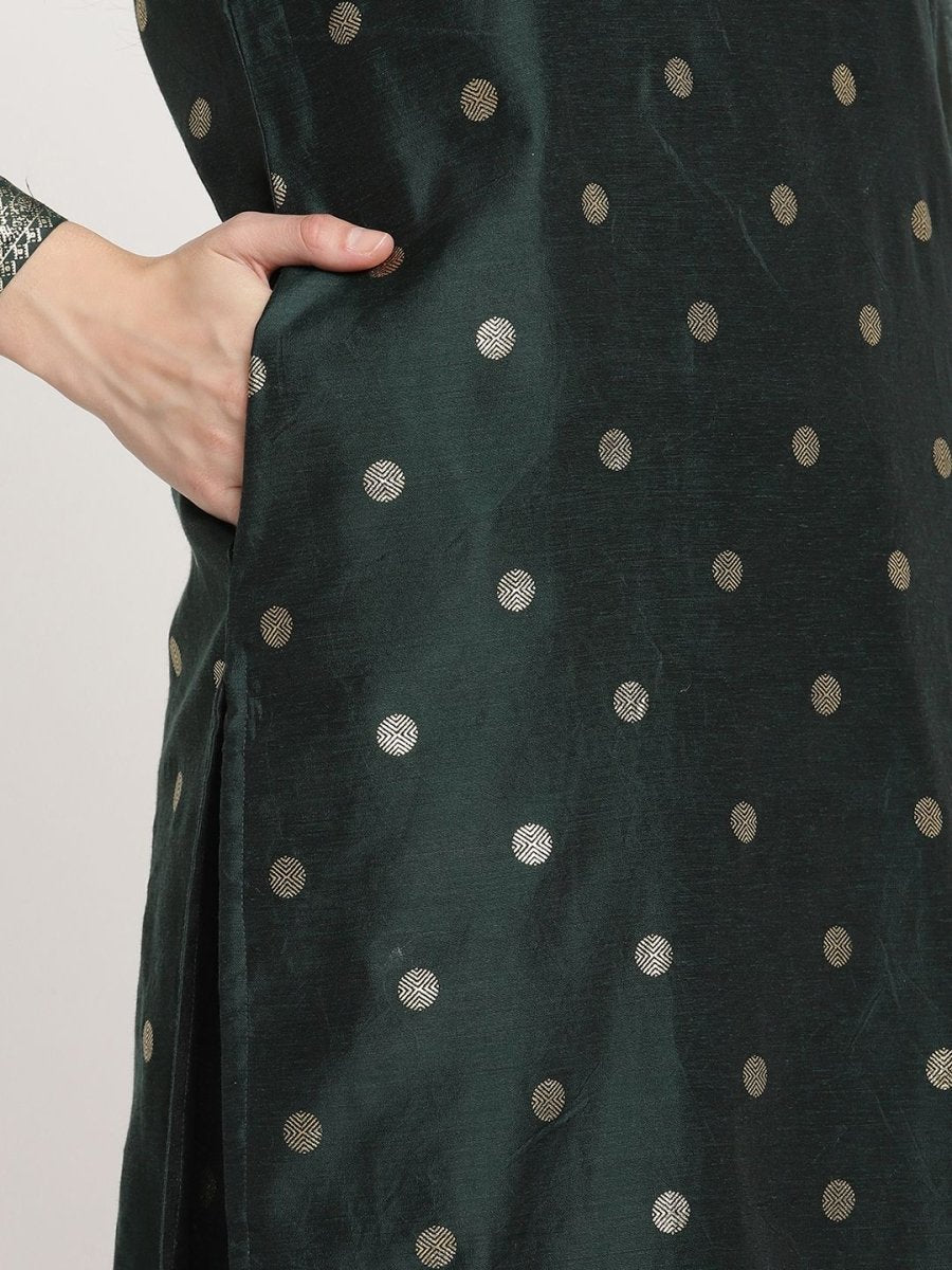 Ahalyaa Dark Green Gold Print Kurta Palazzo Set With Dupatta | Swadesiicart