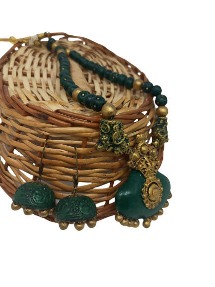 Terracotta Dark Green Crown Pendant Long Necklace Set Paired with Hanging Temple Jhumkas | Swadesiicart