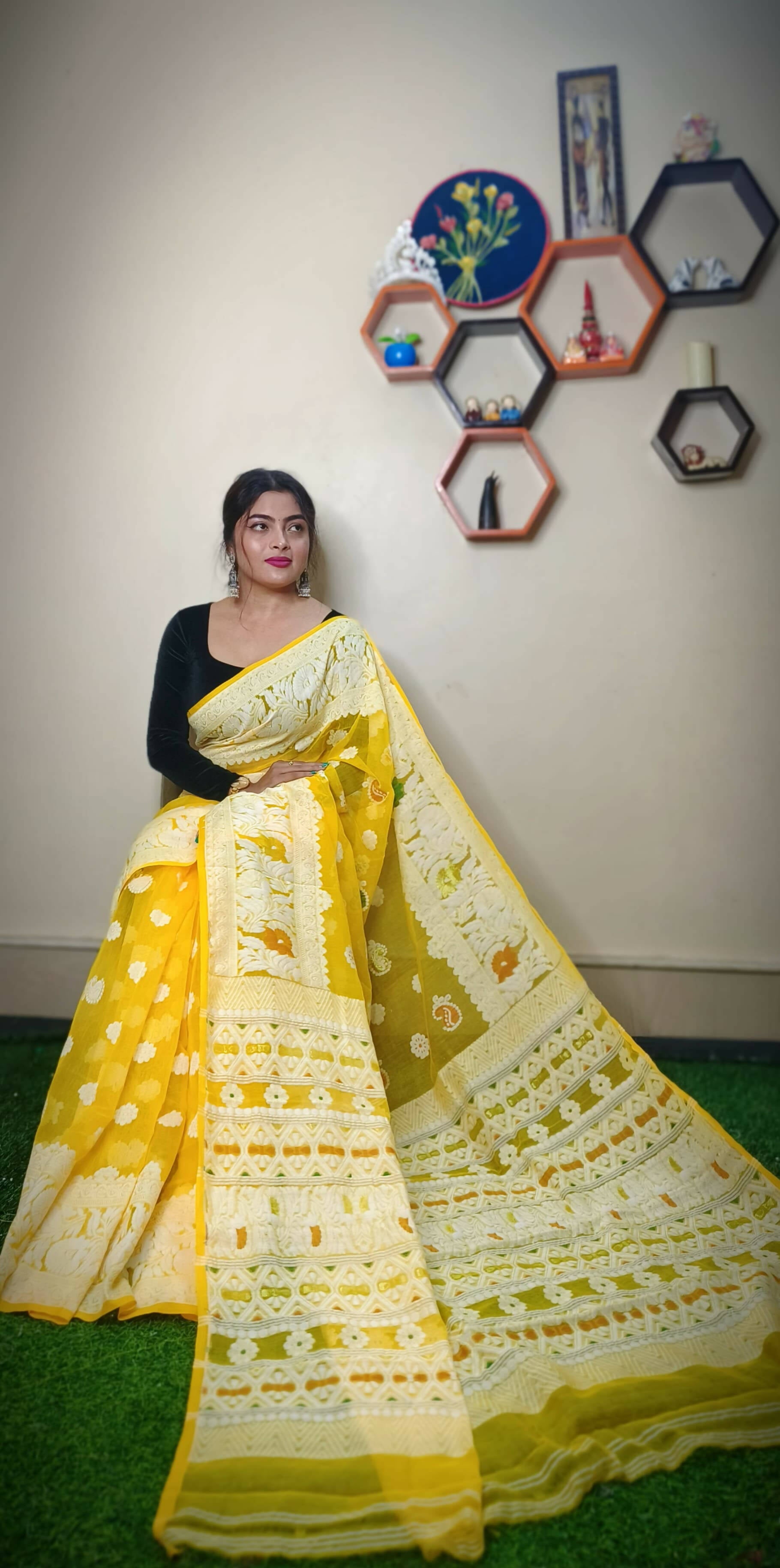 Exclusive Collection Handloom Dhakai Jamdani Saree - Yellow - Swadesiicart