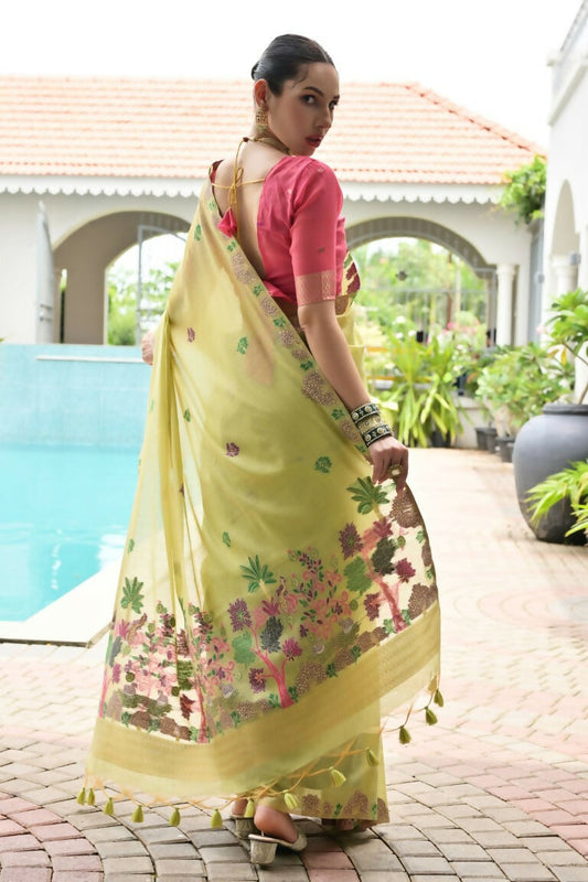 Vishnu Weaves Women's Pista Muga Cotton Thread Weaving Saree with Blouse - Swadesiicart