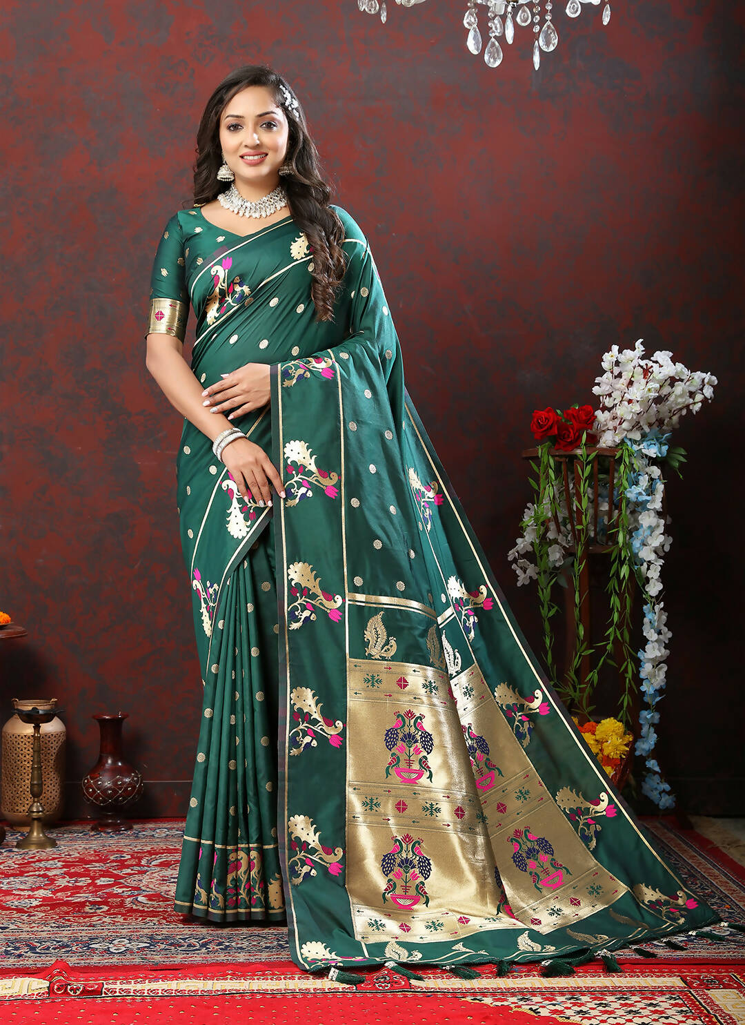 Lorenvalley Fashion Green Soft Paithani Silk Woven Design Gold Zari Meenakari Weaving Saree - Swadesiicart