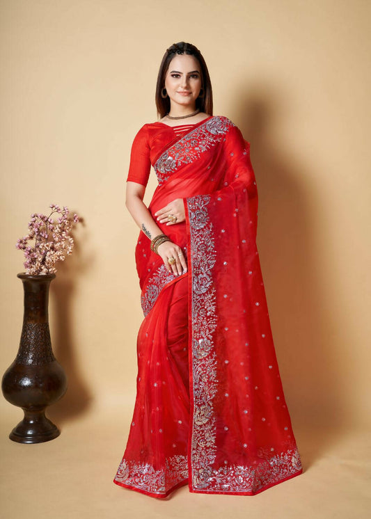 Vamsee Red Organza Saree - Swadesiicart