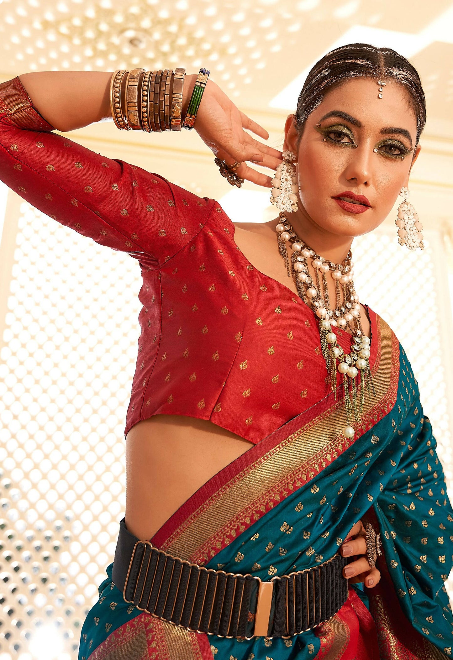 Teal Soft Banarasi Paithani Copper Zari Weaving Saree With Unstitched Blouse Piece - Jodha | Swadesiicart
