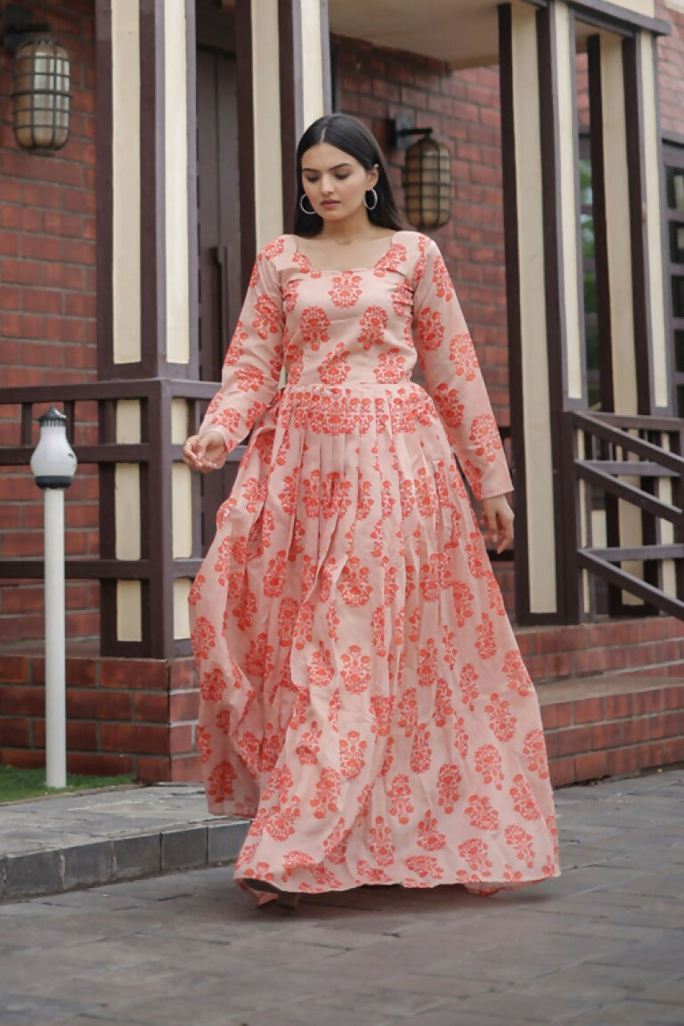 Jyoti Fashion Women's Peach Heavy Digital Printed Pure Chanderi Anarkali Dress | Swadesiicart