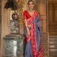 Navy Blue Banarasi Weaving, Ultra Aqua Finish, Zari Work Banarasi Silk Saree - Rath Kunti - Swadesiicart