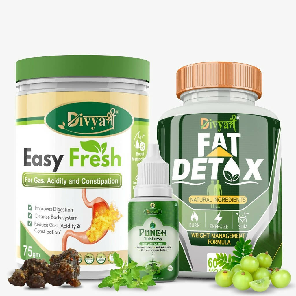Divya Shree Fat Detox Capsule + Easy Fresh Powder & Punch Tulsi Drop Gas Combo Kit - Jeevan Care Ayurveda