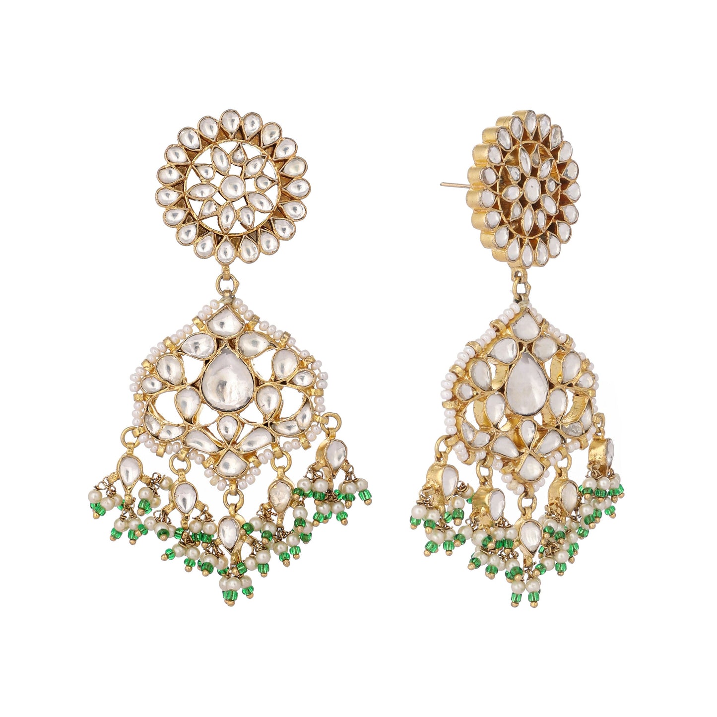 Nuyug 22K Gold Plated Traditional Kundan Studded Contemporary Dangler Earrings with Pearl and Green Bead Accents | Swadesiicart