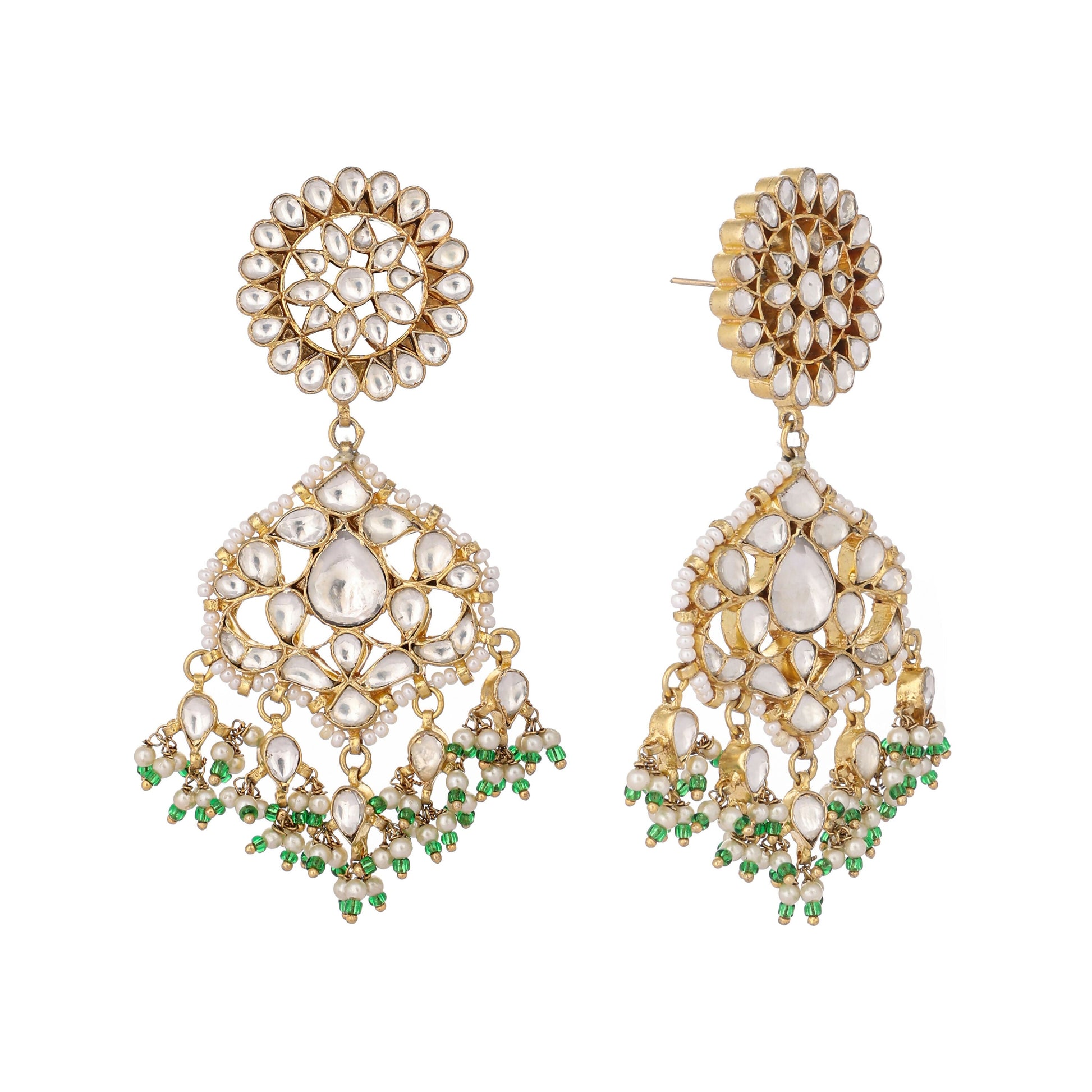 Nuyug 22K Gold Plated Traditional Kundan Studded Contemporary Dangler Earrings with Pearl and Green Bead Accents | Swadesiicart