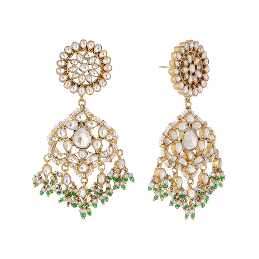 Nuyug 22K Gold Plated Traditional Kundan Studded Contemporary Dangler Earrings with Pearl and Green Bead Accents | Swadesiicart