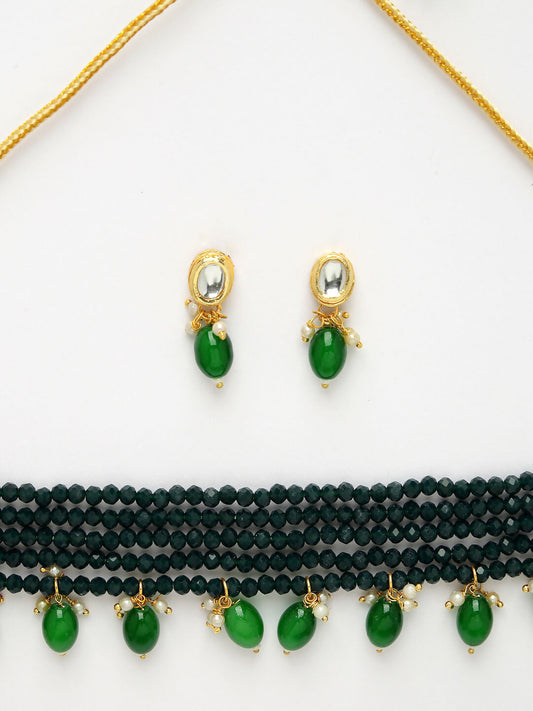 NVR Women's Green Artificial Beads Layered Necklace with Drop Earring - Swadesiicart