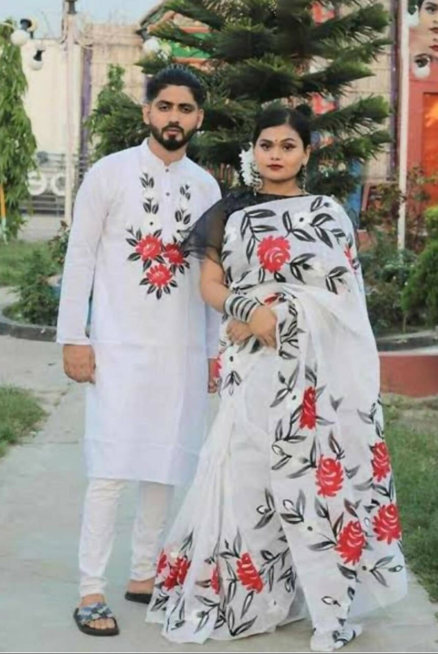 Exclusive Collection Elegant Hand Printing Designe On Pure Cotton Saree And Men's Kurta - White | Swadesiicart