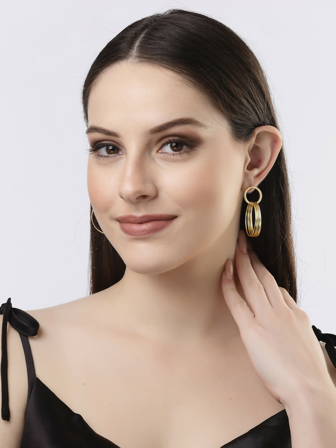 NVR Women Golden Linked Round Circle Attached Drop Earrings - NR Retail-NVR