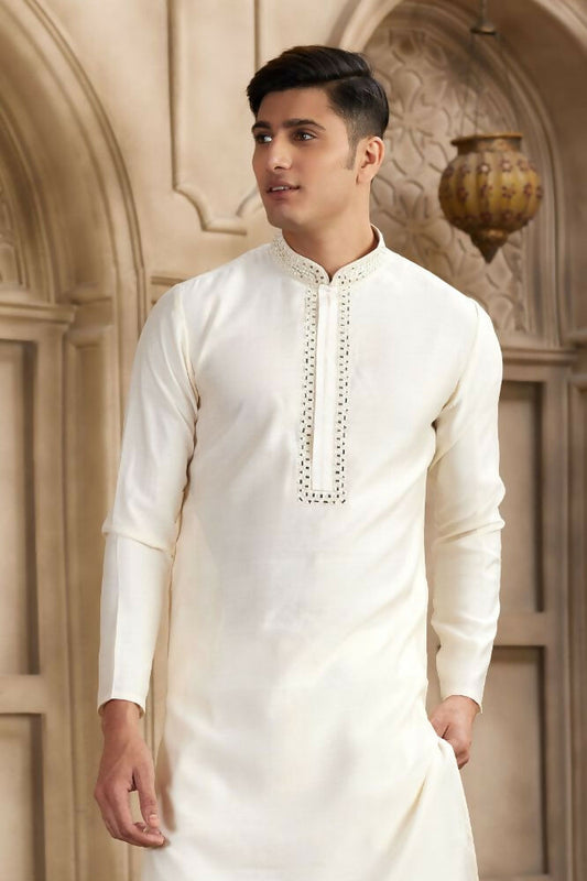 Raivat Ethnic Banarasi Art Silk Mirror Work Kurta Pajama In Cream Colour | Swadesiicart