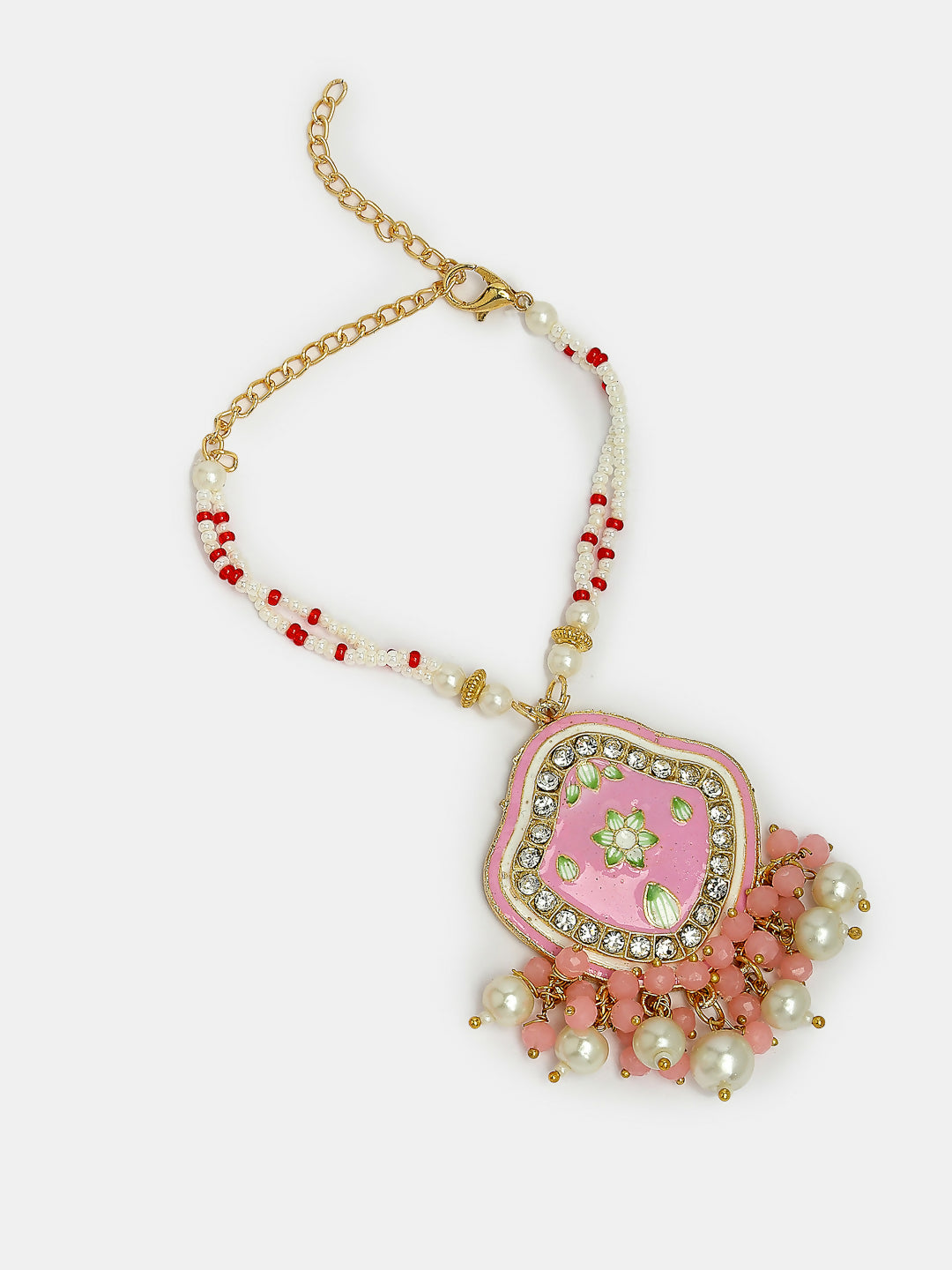 NVR Women & Men Set of 2 Pink Lotus Shape Kundan Stone-Studded & Beaded Bhaiya Bhabhi Rakhi With Roli Chawal | Swadesiicart