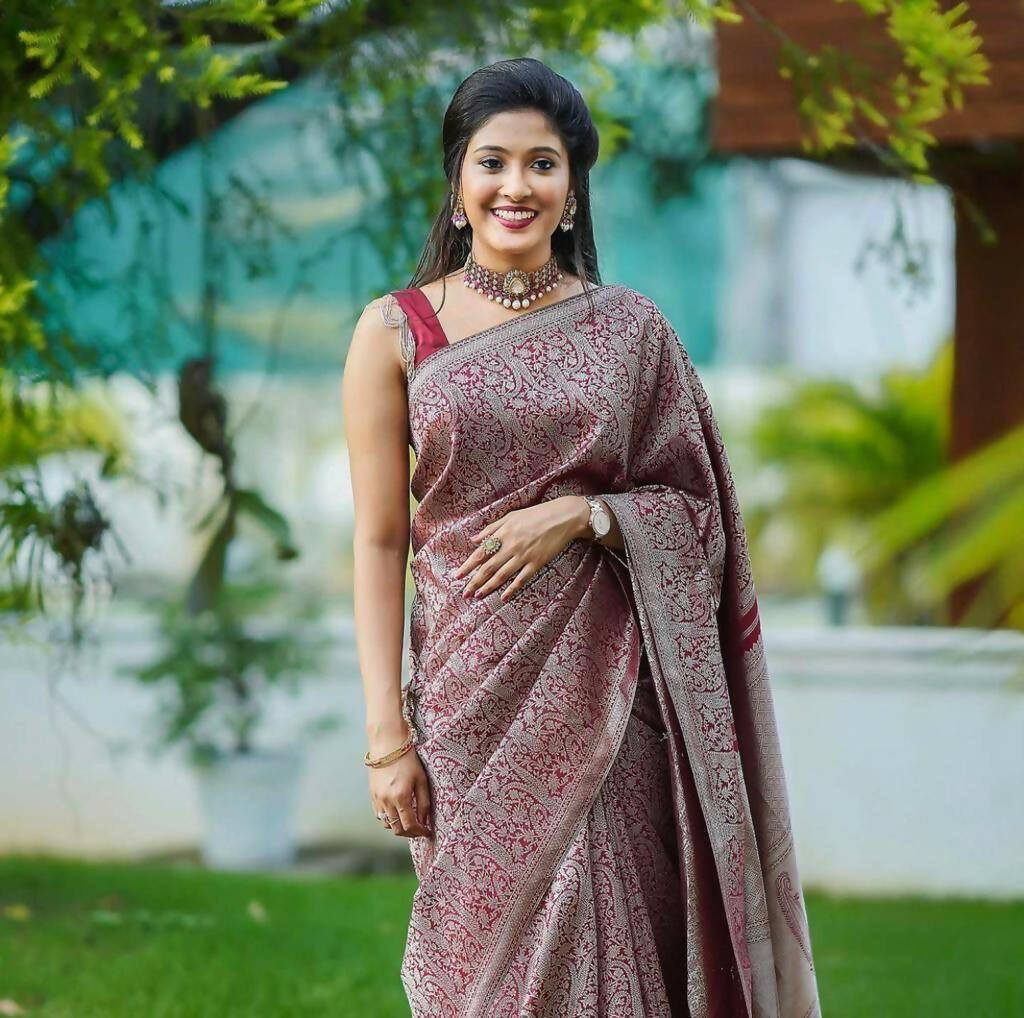 DEIANA'S Beautiful Designer Golden zari Soft Lichi Silk Saree - Wine - Swadesiicart