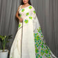 Exclusive Collection Beautiful White Light Green Pure Cotton Hand Print Handloom Saree With Running Blouse Piece - Swadesiicart