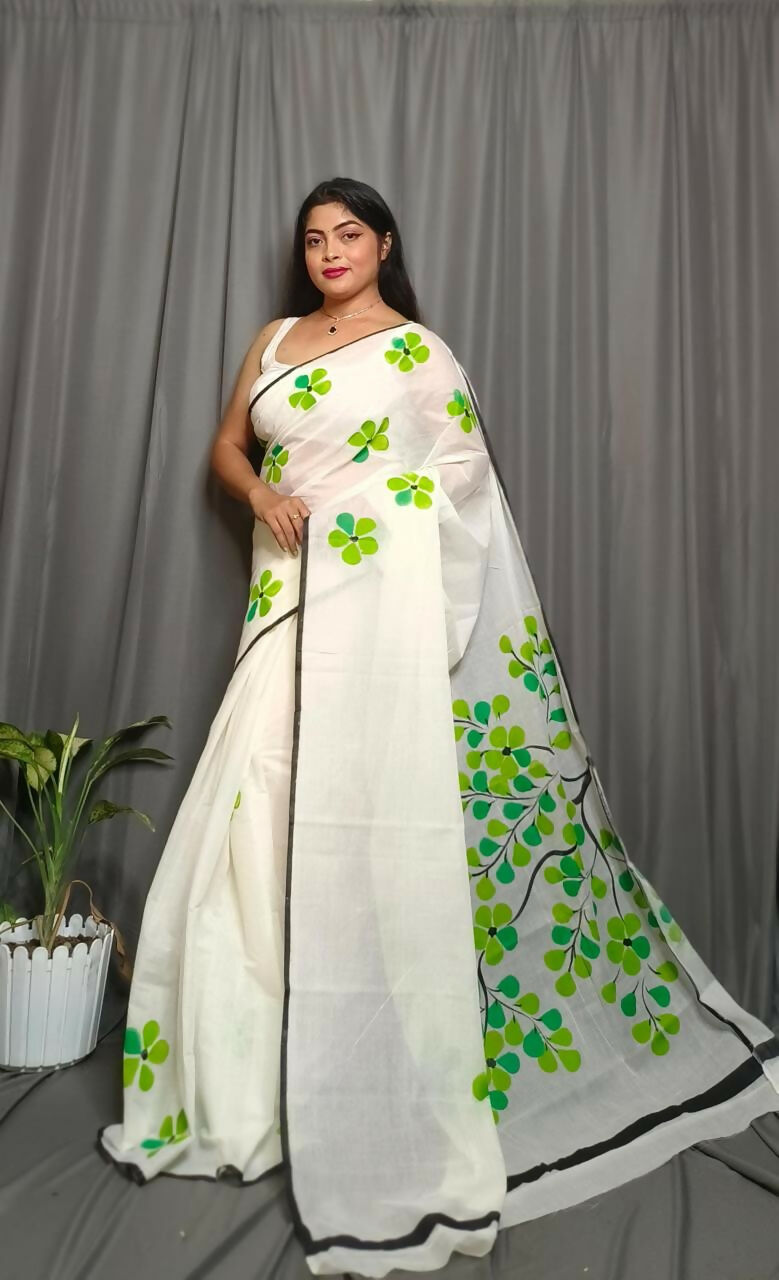 Exclusive Collection Beautiful White Light Green Pure Cotton Hand Print Handloom Saree With Running Blouse Piece - Swadesiicart