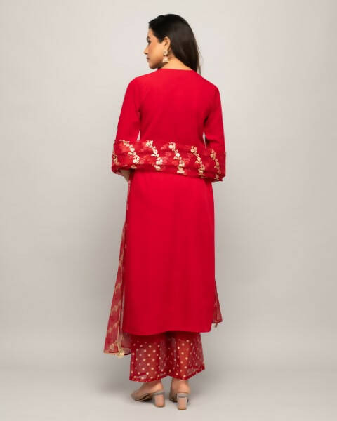 FIORRA Women's Red Creap A-Line Kurta Palazzo Set With Dupatta - Swadesiicart