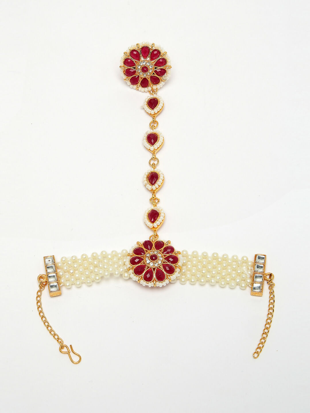 NVR Women's Red Gold-Polished Stone Studded Handcrafted Ring Bracelet - Swadesiicart