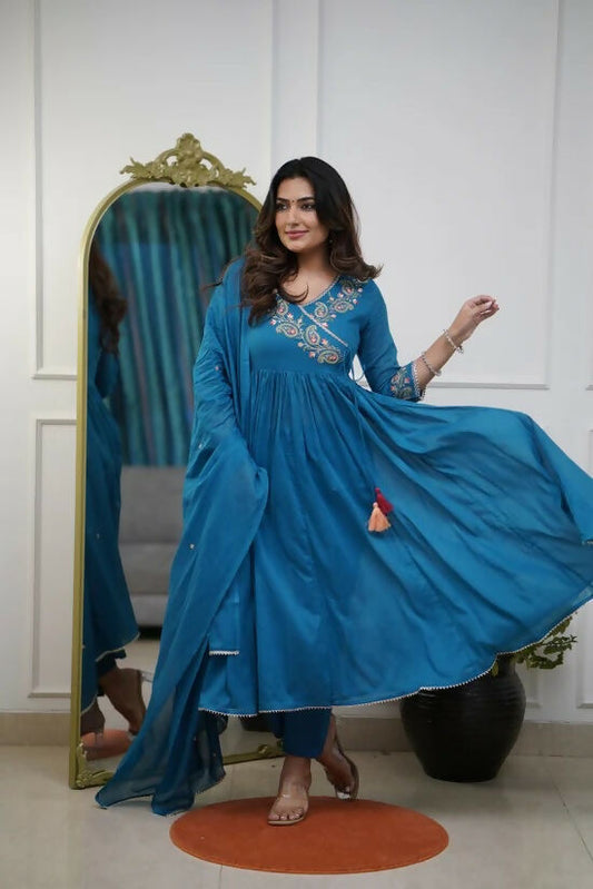 The52 Petrol Women's Beautiful Parampara Fabric Embroidered Work Flared Kurta Pant and Dupatta Set - Swadesiicart