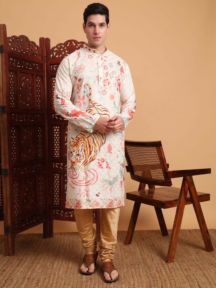 Off White Cotton Printed Chikankari Embroidery Work Kurta - Mahotsav | Swadesiicart