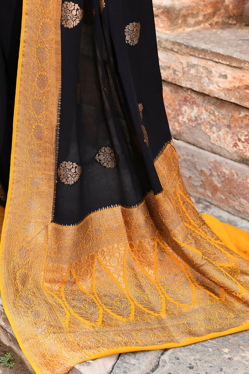 Joban Fashion Black Crepe Chiffon Pure Handloom Banarasi Silk Saree | Swadesiicart