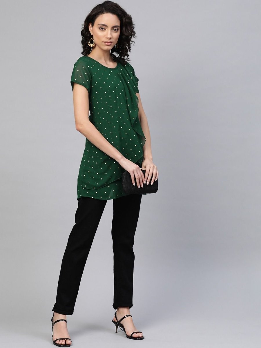 Ahalyaa Women Green Georgette Golden Polka Dots Print Layered Tunic | Swadesiicart