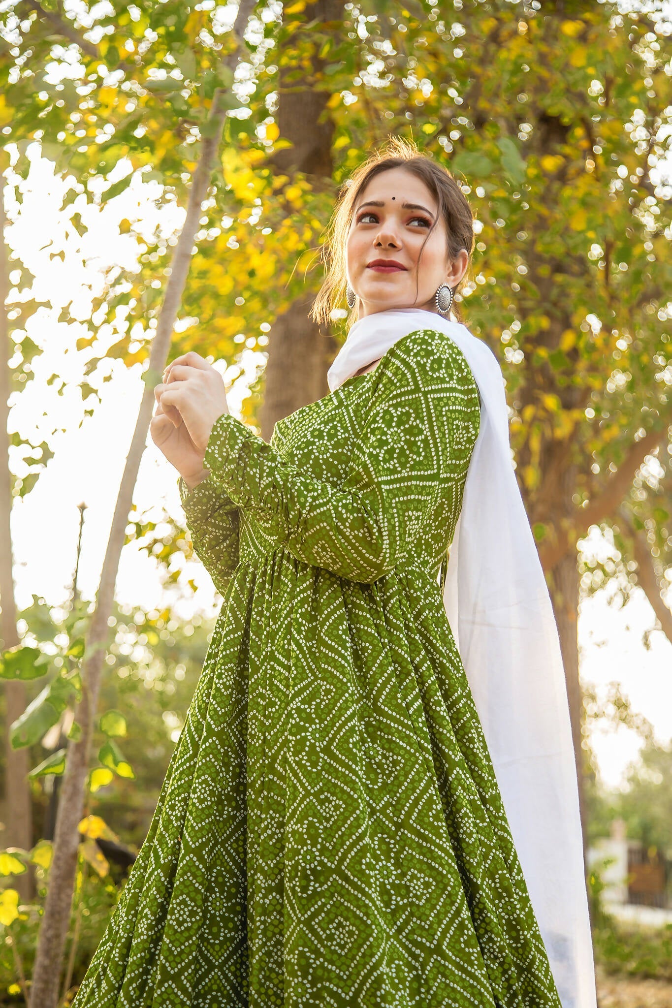 Green Pure Maslin Bandhej Print Work Stitched Suit With Dupatta - Anbazaar | Swadesiicart