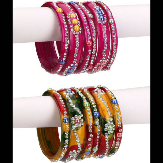 Afast Bridal Wedding & Party Fashionable Colorful Glass Bangle/Kada Set, Pack Of 12 - Pink, Yellow - Afast Enterprises