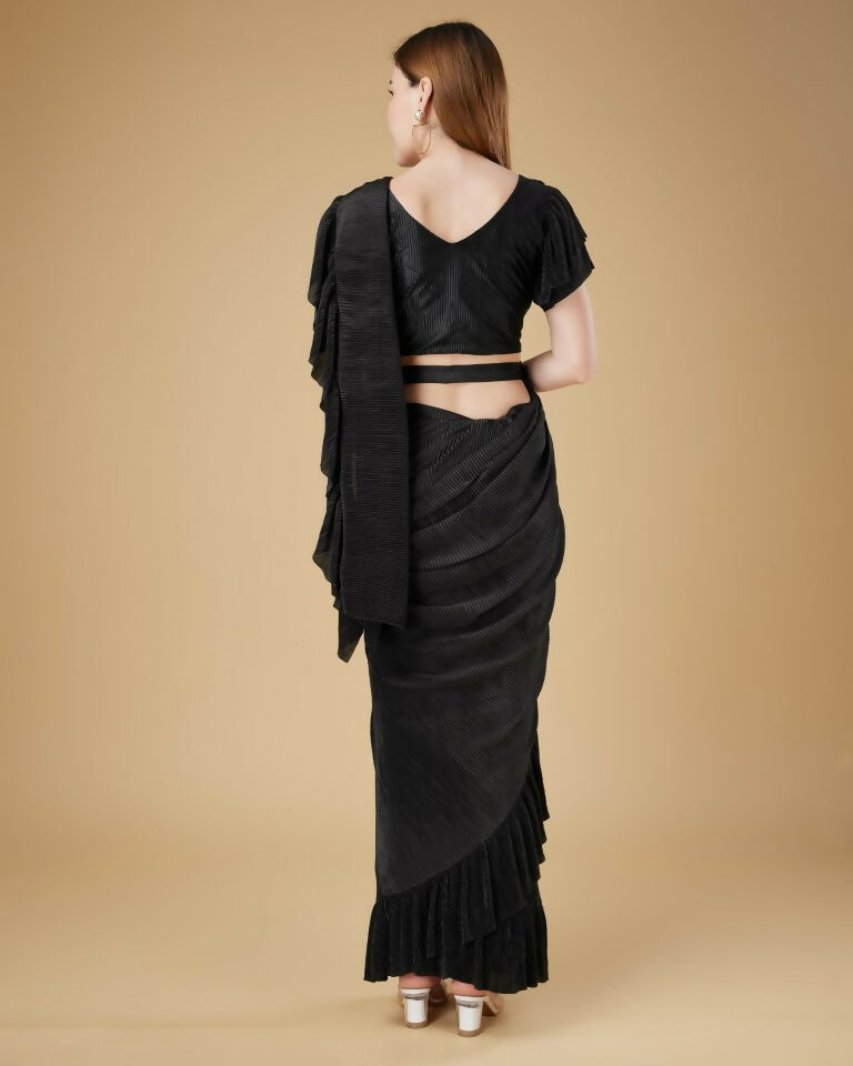 Black Imported Crush Solid Ready to Wear Saree with stitched Blouse - Aayan | Swadesiicart